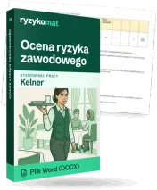 Pudełko dokumentu „Ocena ryzyka zawodowego” ze znakiem Ryzykomat i napisem „Plik Word (DOCX)” na froncie, ilustracja stanowiska „Kelner”; zza pudełka wystaje strona prawdziwego dokumentu z rozmytą treścią
