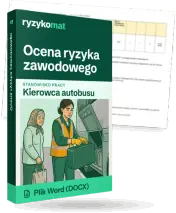 Pudełko dokumentu „Ocena ryzyka zawodowego” ze znakiem Ryzykomat i napisem „Plik Word (DOCX)” na froncie, ilustracja stanowiska „Kierowca autobusu”; zza pudełka wystaje strona prawdziwego dokumentu z rozmytą treścią