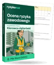Pudełko dokumentu „Ocena ryzyka zawodowego” ze znakiem Ryzykomat i napisem „Plik Word (DOCX)” na froncie, ilustracja stanowiska „Kierowca ciężarówki”; zza pudełka wystaje strona prawdziwego dokumentu z rozmytą treścią