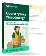 Pudełko dokumentu „Ocena ryzyka zawodowego” ze znakiem Ryzykomat i napisem „Plik Word (DOCX)” na froncie, ilustracja stanowiska „Kierowca dostawczy (do 3,5 t)”; zza pudełka wystaje strona prawdziwego dokumentu z rozmytą treścią