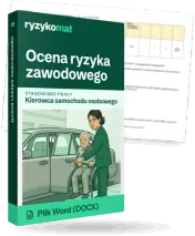 Pudełko dokumentu „Ocena ryzyka zawodowego” ze znakiem Ryzykomat i napisem „Plik Word (DOCX)” na froncie, ilustracja stanowiska „Kierowca samochodu osobowego”; zza pudełka wystaje strona prawdziwego dokumentu z rozmytą treścią