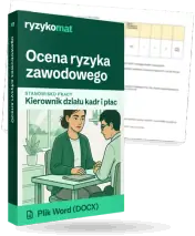 Pudełko dokumentu „Ocena ryzyka zawodowego” ze znakiem Ryzykomat i napisem „Plik Word (DOCX)” na froncie, ilustracja stanowiska „Kierownik działu kadr i płac”; zza pudełka wystaje strona prawdziwego dokumentu z rozmytą treścią