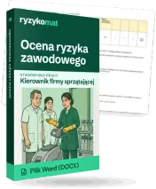 Pudełko dokumentu „Ocena ryzyka zawodowego” ze znakiem Ryzykomat i napisem „Plik Word (DOCX)” na froncie, ilustracja stanowiska „Kierownik firmy sprzątającej”; zza pudełka wystaje strona prawdziwego dokumentu z rozmytą treścią