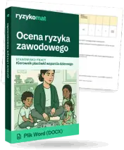 Pudełko dokumentu „Ocena ryzyka zawodowego” ze znakiem Ryzykomat i napisem „Plik Word (DOCX)” na froncie, ilustracja stanowiska „Kierownik placówki wsparcia dziennego”; zza pudełka wystaje strona prawdziwego dokumentu z rozmytą treścią
