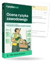 Pudełko dokumentu „Ocena ryzyka zawodowego” ze znakiem Ryzykomat i napisem „Plik Word (DOCX)” na froncie, ilustracja stanowiska „Pracownik kompletacji i wysyłki zamówień”; zza pudełka wystaje strona prawdziwego dokumentu z rozmytą treścią