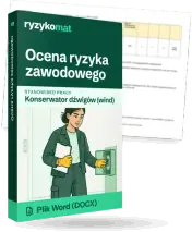 Pudełko dokumentu „Ocena ryzyka zawodowego” ze znakiem Ryzykomat i napisem „Plik Word (DOCX)” na froncie, ilustracja stanowiska „Konserwator dźwigów (wind)”; zza pudełka wystaje strona prawdziwego dokumentu z rozmytą treścią