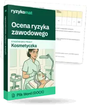 Pudełko dokumentu „Ocena ryzyka zawodowego” ze znakiem Ryzykomat i napisem „Plik Word (DOCX)” na froncie, ilustracja stanowiska „Kosmetyczka”; zza pudełka wystaje strona prawdziwego dokumentu z rozmytą treścią