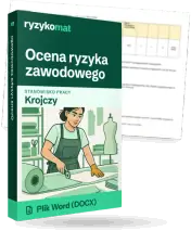 Pudełko dokumentu „Ocena ryzyka zawodowego” ze znakiem Ryzykomat i napisem „Plik Word (DOCX)” na froncie, ilustracja stanowiska „Krojczy”; zza pudełka wystaje strona prawdziwego dokumentu z rozmytą treścią
