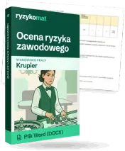 Pudełko dokumentu „Ocena ryzyka zawodowego” ze znakiem Ryzykomat i napisem „Plik Word (DOCX)” na froncie, ilustracja stanowiska „Krupier”; zza pudełka wystaje strona prawdziwego dokumentu z rozmytą treścią