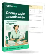 Pudełko dokumentu „Ocena ryzyka zawodowego” ze znakiem Ryzykomat i napisem „Plik Word (DOCX)” na froncie, ilustracja stanowiska „Księgowa”; zza pudełka wystaje strona prawdziwego dokumentu z rozmytą treścią