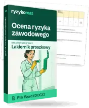 Pudełko dokumentu „Ocena ryzyka zawodowego” ze znakiem Ryzykomat i napisem „Plik Word (DOCX)” na froncie, ilustracja stanowiska „Lakiernik proszkowy”; zza pudełka wystaje strona prawdziwego dokumentu z rozmytą treścią