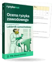 Pudełko dokumentu „Ocena ryzyka zawodowego” ze znakiem Ryzykomat i napisem „Plik Word (DOCX)” na froncie, ilustracja stanowiska „Lakiernik samochodowy”; zza pudełka wystaje strona prawdziwego dokumentu z rozmytą treścią