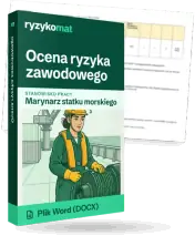 Pudełko dokumentu „Ocena ryzyka zawodowego” ze znakiem Ryzykomat i napisem „Plik Word (DOCX)” na froncie, ilustracja stanowiska „Marynarz statku morskiego”; zza pudełka wystaje strona prawdziwego dokumentu z rozmytą treścią