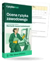 Pudełko dokumentu „Ocena ryzyka zawodowego” ze znakiem Ryzykomat i napisem „Plik Word (DOCX)” na froncie, ilustracja stanowiska „Mechanik maszyn budowlanych”; zza pudełka wystaje strona prawdziwego dokumentu z rozmytą treścią