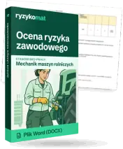 Pudełko dokumentu „Ocena ryzyka zawodowego” ze znakiem Ryzykomat i napisem „Plik Word (DOCX)” na froncie, ilustracja stanowiska „Mechanik maszyn rolniczych”; zza pudełka wystaje strona prawdziwego dokumentu z rozmytą treścią