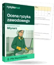 Pudełko dokumentu „Ocena ryzyka zawodowego” ze znakiem Ryzykomat i napisem „Plik Word (DOCX)” na froncie, ilustracja stanowiska „Młynarz”; zza pudełka wystaje strona prawdziwego dokumentu z rozmytą treścią