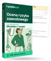 Pudełko dokumentu „Ocena ryzyka zawodowego” ze znakiem Ryzykomat i napisem „Plik Word (DOCX)” na froncie, ilustracja stanowiska „Modelka / model”; zza pudełka wystaje strona prawdziwego dokumentu z rozmytą treścią