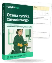 Pudełko dokumentu „Ocena ryzyka zawodowego” ze znakiem Ryzykomat i napisem „Plik Word (DOCX)” na froncie, ilustracja stanowiska „Monter instalacji sanitarnych (hydraulik)”; zza pudełka wystaje strona prawdziwego dokumentu z rozmytą treścią