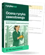 Pudełko dokumentu „Ocena ryzyka zawodowego” ze znakiem Ryzykomat i napisem „Plik Word (DOCX)” na froncie, ilustracja stanowiska „Monter-instalator urządzeń technicznych w budownictwie wiejskim”; zza pudełka wystaje strona prawdziwego dokumentu z rozmytą treścią
