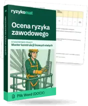 Pudełko dokumentu „Ocena ryzyka zawodowego” ze znakiem Ryzykomat i napisem „Plik Word (DOCX)” na froncie, ilustracja stanowiska „Monter konstrukcji linowych stałych”; zza pudełka wystaje strona prawdziwego dokumentu z rozmytą treścią