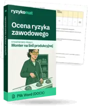 Pudełko dokumentu „Ocena ryzyka zawodowego” ze znakiem Ryzykomat i napisem „Plik Word (DOCX)” na froncie, ilustracja stanowiska „Monter na linii produkcyjnej”; zza pudełka wystaje strona prawdziwego dokumentu z rozmytą treścią