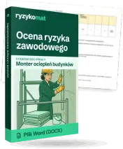 Pudełko dokumentu „Ocena ryzyka zawodowego” ze znakiem Ryzykomat i napisem „Plik Word (DOCX)” na froncie, ilustracja stanowiska „Monter ociepleń budynków”; zza pudełka wystaje strona prawdziwego dokumentu z rozmytą treścią
