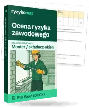 Pudełko dokumentu „Ocena ryzyka zawodowego” ze znakiem Ryzykomat i napisem „Plik Word (DOCX)” na froncie, ilustracja stanowiska „Monter / składacz okien”; zza pudełka wystaje strona prawdziwego dokumentu z rozmytą treścią