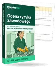 Pudełko dokumentu „Ocena ryzyka zawodowego” ze znakiem Ryzykomat i napisem „Plik Word (DOCX)” na froncie, ilustracja stanowiska „Monter rozdzielnic elektrycznych”; zza pudełka wystaje strona prawdziwego dokumentu z rozmytą treścią