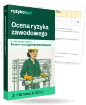 Pudełko dokumentu „Ocena ryzyka zawodowego” ze znakiem Ryzykomat i napisem „Plik Word (DOCX)” na froncie, ilustracja stanowiska „Monter rurociągów przemysłowych”; zza pudełka wystaje strona prawdziwego dokumentu z rozmytą treścią