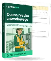 Pudełko dokumentu „Ocena ryzyka zawodowego” ze znakiem Ryzykomat i napisem „Plik Word (DOCX)” na froncie, ilustracja stanowiska „Monter sterowania ruchem pociągów metra”; zza pudełka wystaje strona prawdziwego dokumentu z rozmytą treścią