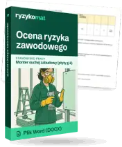 Pudełko dokumentu „Ocena ryzyka zawodowego” ze znakiem Ryzykomat i napisem „Plik Word (DOCX)” na froncie, ilustracja stanowiska „Monter suchej zabudowy (płyty g-k)”; zza pudełka wystaje strona prawdziwego dokumentu z rozmytą treścią