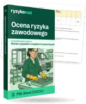 Pudełko dokumentu „Ocena ryzyka zawodowego” ze znakiem Ryzykomat i napisem „Plik Word (DOCX)” na froncie, ilustracja stanowiska „Monter pojazdów i urządzeń transportowych”; zza pudełka wystaje strona prawdziwego dokumentu z rozmytą treścią