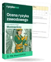 Pudełko dokumentu „Ocena ryzyka zawodowego” ze znakiem Ryzykomat i napisem „Plik Word (DOCX)” na froncie, ilustracja stanowiska „Mostowniczy”; zza pudełka wystaje strona prawdziwego dokumentu z rozmytą treścią