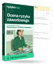 Pudełko dokumentu „Ocena ryzyka zawodowego” ze znakiem Ryzykomat i napisem „Plik Word (DOCX)” na froncie, ilustracja stanowiska „Nastawniczy / dróżnik przejazdowy”; zza pudełka wystaje strona prawdziwego dokumentu z rozmytą treścią