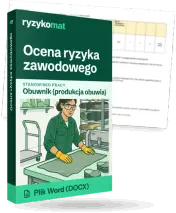 Pudełko dokumentu „Ocena ryzyka zawodowego” ze znakiem Ryzykomat i napisem „Plik Word (DOCX)” na froncie, ilustracja stanowiska „Obuwnik (produkcja obuwia)”; zza pudełka wystaje strona prawdziwego dokumentu z rozmytą treścią