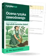Pudełko dokumentu „Ocena ryzyka zawodowego” ze znakiem Ryzykomat i napisem „Plik Word (DOCX)” na froncie, ilustracja stanowiska „Ogrodnik terenów zieleni”; zza pudełka wystaje strona prawdziwego dokumentu z rozmytą treścią