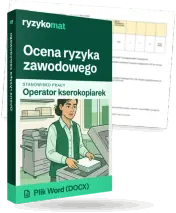 Pudełko dokumentu „Ocena ryzyka zawodowego” ze znakiem Ryzykomat i napisem „Plik Word (DOCX)” na froncie, ilustracja stanowiska „Operator kserokopiarek”; zza pudełka wystaje strona prawdziwego dokumentu z rozmytą treścią