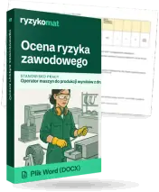 Pudełko dokumentu „Ocena ryzyka zawodowego” ze znakiem Ryzykomat i napisem „Plik Word (DOCX)” na froncie, ilustracja stanowiska „Operator maszyn do produkcji wyrobów z drutu i siatek”; zza pudełka wystaje strona prawdziwego dokumentu z rozmytą treścią