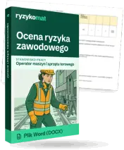 Pudełko dokumentu „Ocena ryzyka zawodowego” ze znakiem Ryzykomat i napisem „Plik Word (DOCX)” na froncie, ilustracja stanowiska „Operator maszyn i sprzętu torowego”; zza pudełka wystaje strona prawdziwego dokumentu z rozmytą treścią