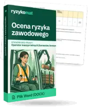 Pudełko dokumentu „Ocena ryzyka zawodowego” ze znakiem Ryzykomat i napisem „Plik Word (DOCX)” na froncie, ilustracja stanowiska „Operator maszyn leśnych (harwester, forwarder)”; zza pudełka wystaje strona prawdziwego dokumentu z rozmytą treścią