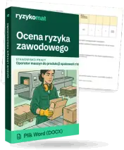 Pudełko dokumentu „Ocena ryzyka zawodowego” ze znakiem Ryzykomat i napisem „Plik Word (DOCX)” na froncie, ilustracja stanowiska „Operator maszyn do produkcji opakowań z tektury”; zza pudełka wystaje strona prawdziwego dokumentu z rozmytą treścią