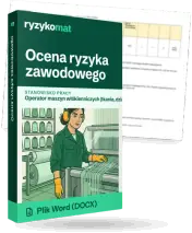 Pudełko dokumentu „Ocena ryzyka zawodowego” ze znakiem Ryzykomat i napisem „Plik Word (DOCX)” na froncie, ilustracja stanowiska „Operator maszyn włókienniczych (tkanie, dzianie)”; zza pudełka wystaje strona prawdziwego dokumentu z rozmytą treścią