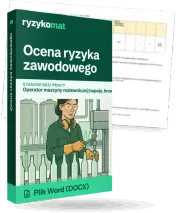 Pudełko dokumentu „Ocena ryzyka zawodowego” ze znakiem Ryzykomat i napisem „Plik Word (DOCX)” na froncie, ilustracja stanowiska „Operator maszyny rozlewniczej (napoje, browar)”; zza pudełka wystaje strona prawdziwego dokumentu z rozmytą treścią