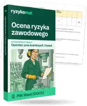 Pudełko dokumentu „Ocena ryzyka zawodowego” ze znakiem Ryzykomat i napisem „Plik Word (DOCX)” na froncie, ilustracja stanowiska „Operator pras kuźniczych / kowal”; zza pudełka wystaje strona prawdziwego dokumentu z rozmytą treścią