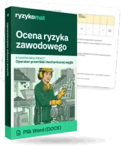 Pudełko dokumentu „Ocena ryzyka zawodowego” ze znakiem Ryzykomat i napisem „Plik Word (DOCX)” na froncie, ilustracja stanowiska „Operator przeróbki mechanicznej węgla”; zza pudełka wystaje strona prawdziwego dokumentu z rozmytą treścią