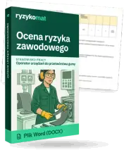 Pudełko dokumentu „Ocena ryzyka zawodowego” ze znakiem Ryzykomat i napisem „Plik Word (DOCX)” na froncie, ilustracja stanowiska „Operator urządzeń do przetwórstwa gumy”; zza pudełka wystaje strona prawdziwego dokumentu z rozmytą treścią