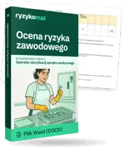 Pudełko dokumentu „Ocena ryzyka zawodowego” ze znakiem Ryzykomat i napisem „Plik Word (DOCX)” na froncie, ilustracja stanowiska „Operator sterylizacji sprzętu medycznego”; zza pudełka wystaje strona prawdziwego dokumentu z rozmytą treścią