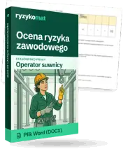 Pudełko dokumentu „Ocena ryzyka zawodowego” ze znakiem Ryzykomat i napisem „Plik Word (DOCX)” na froncie, ilustracja stanowiska „Operator suwnicy”; zza pudełka wystaje strona prawdziwego dokumentu z rozmytą treścią