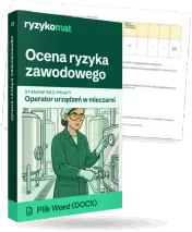 Pudełko dokumentu „Ocena ryzyka zawodowego” ze znakiem Ryzykomat i napisem „Plik Word (DOCX)” na froncie, ilustracja stanowiska „Operator urządzeń w mleczarni”; zza pudełka wystaje strona prawdziwego dokumentu z rozmytą treścią