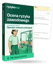 Pudełko dokumentu „Ocena ryzyka zawodowego” ze znakiem Ryzykomat i napisem „Plik Word (DOCX)” na froncie, ilustracja stanowiska „Operator maszyny pakującej”; zza pudełka wystaje strona prawdziwego dokumentu z rozmytą treścią
